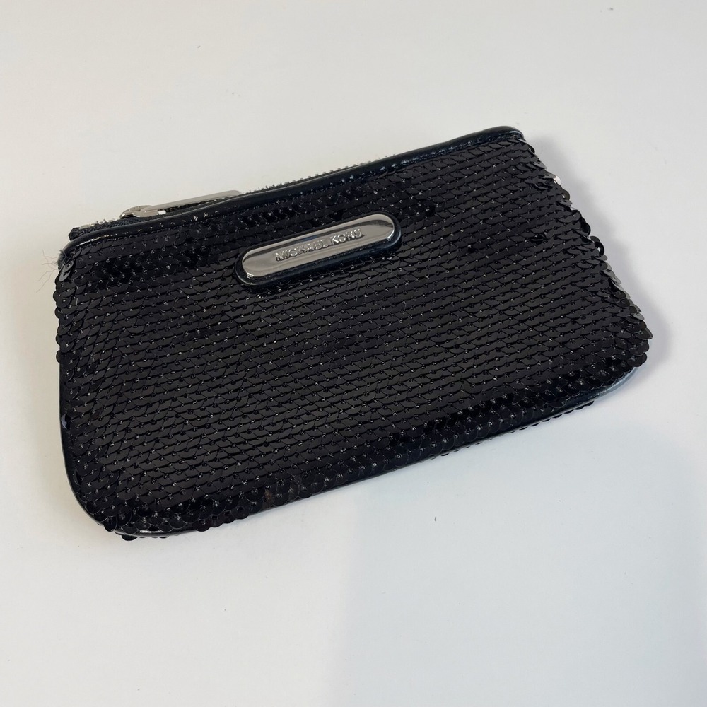 Michael Kors Womens Sequin Clutch Coin Purse Handbag Black Small Zip Lined‎ Logo